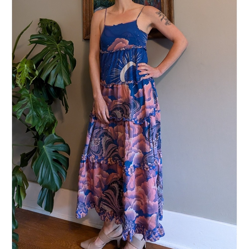 Sunday‎ Up Celestial Tiered Sleeveless Dress Beach S Boho Hippie Festival Blue